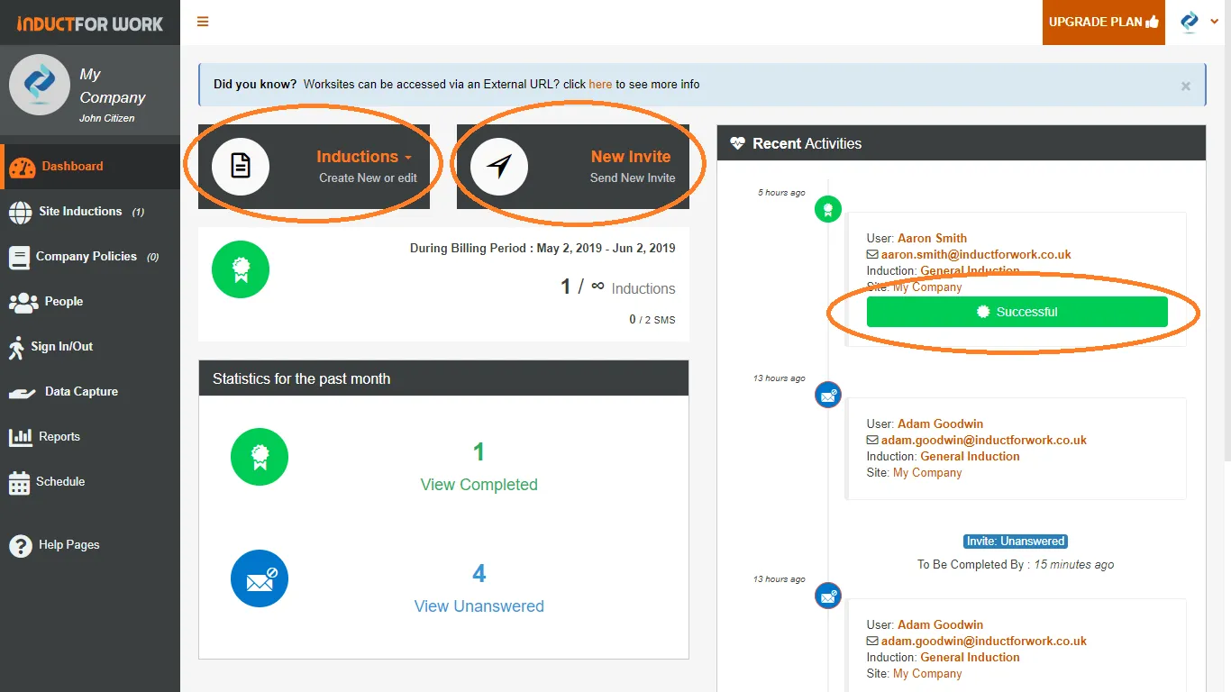 Induct For Work UK dashboard