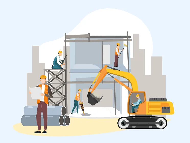 Construction workers building a house for an architect in the UK